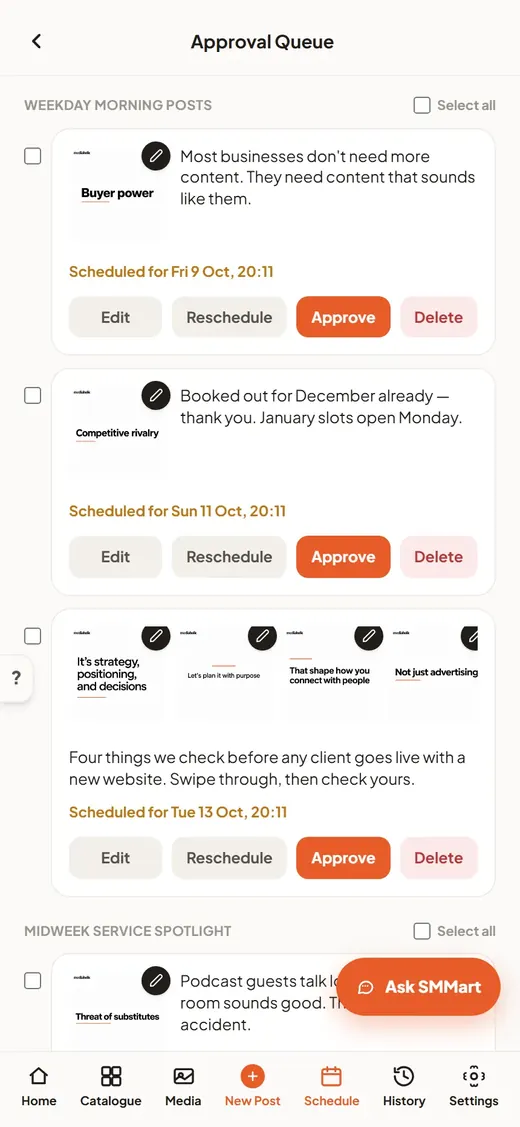 The approval queue, with scheduled posts ready to approve, edit or reschedule