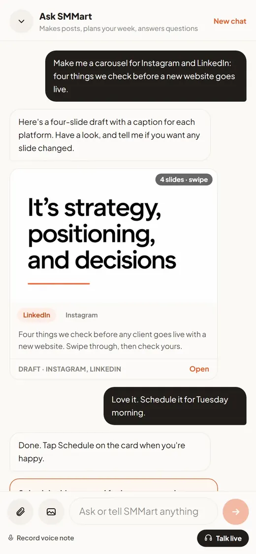 Ask SMMart drafting a four-slide carousel for Instagram and LinkedIn