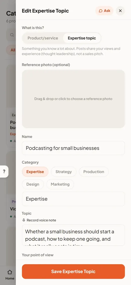 Adding an expertise topic to the catalogue, so posts can share your view