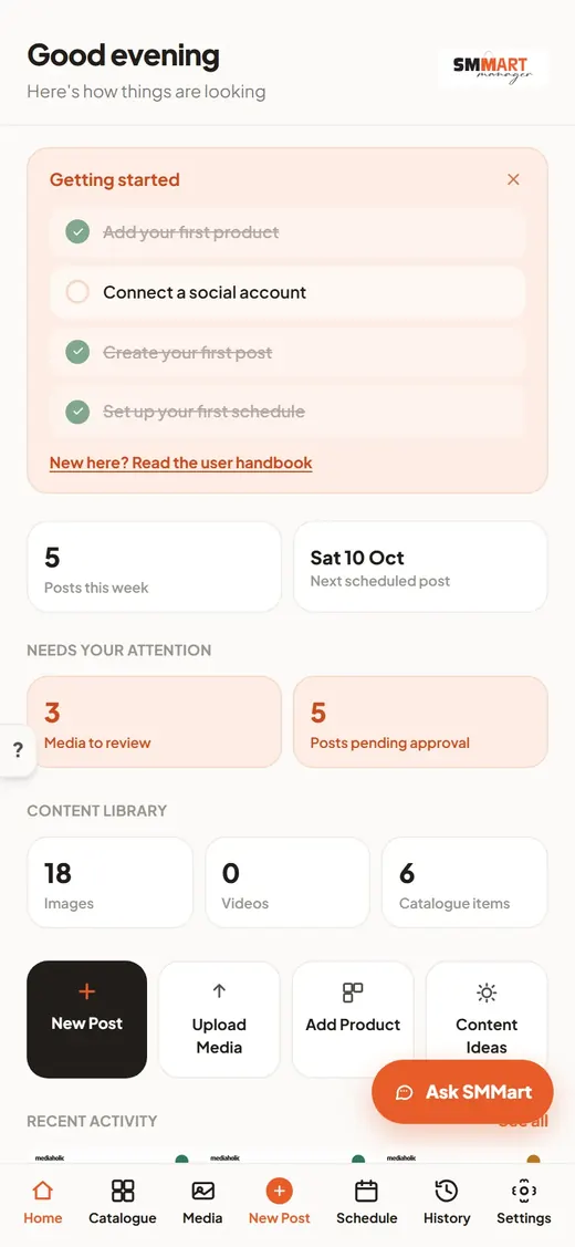 The home screen: this week's posts, what needs your attention, and your content library