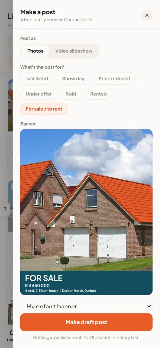 Making a listing post: choose the moment, and a FOR SALE banner with the price and rooms is stamped on the photo