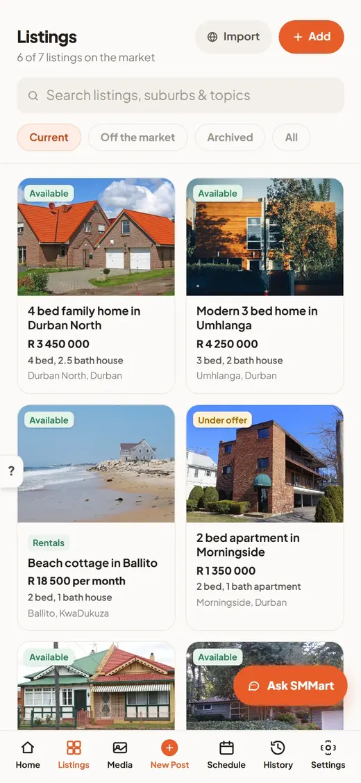 The Listings screen: houses and apartments with their status, price, rooms and suburb