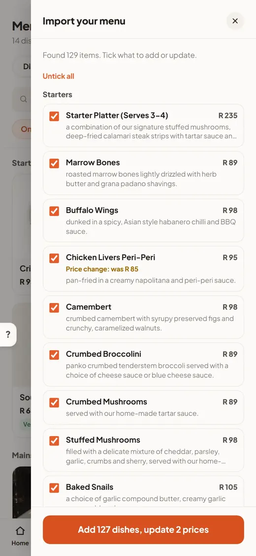 Importing a menu: 129 dishes found with prices, and a price change highlighted