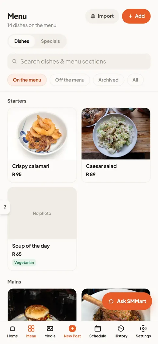 The Menu screen: dishes grouped by section, each with its photo, price and dietary tags