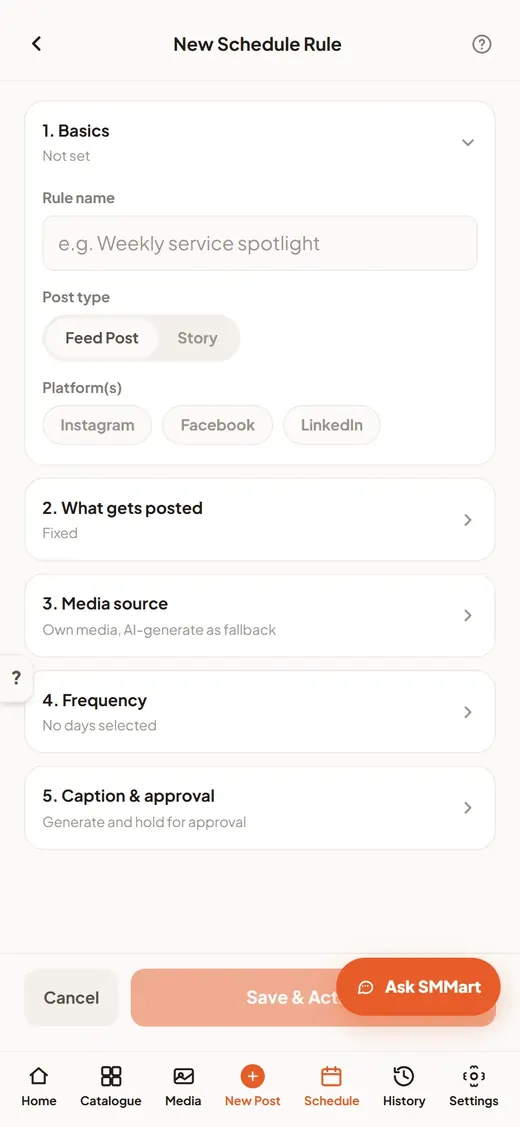 Building a schedule rule for Instagram, Facebook and LinkedIn