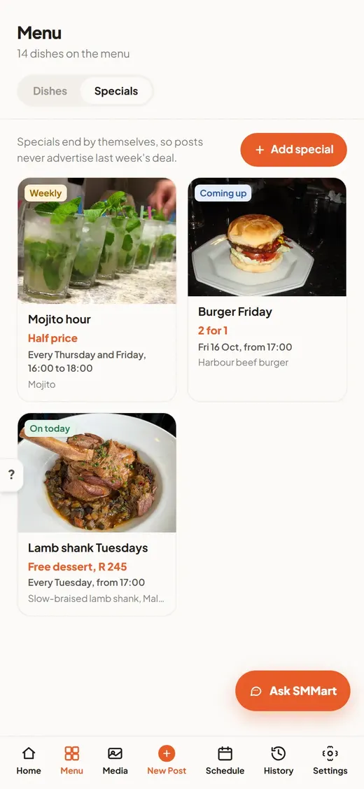 The Specials screen: a weekly mojito hour, Burger Friday 2 for 1, and lamb shank Tuesdays