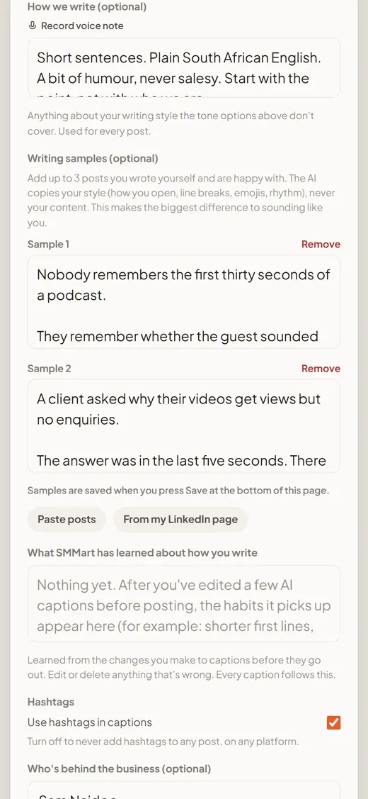 Writing style notes and pasted writing samples that captions learn from